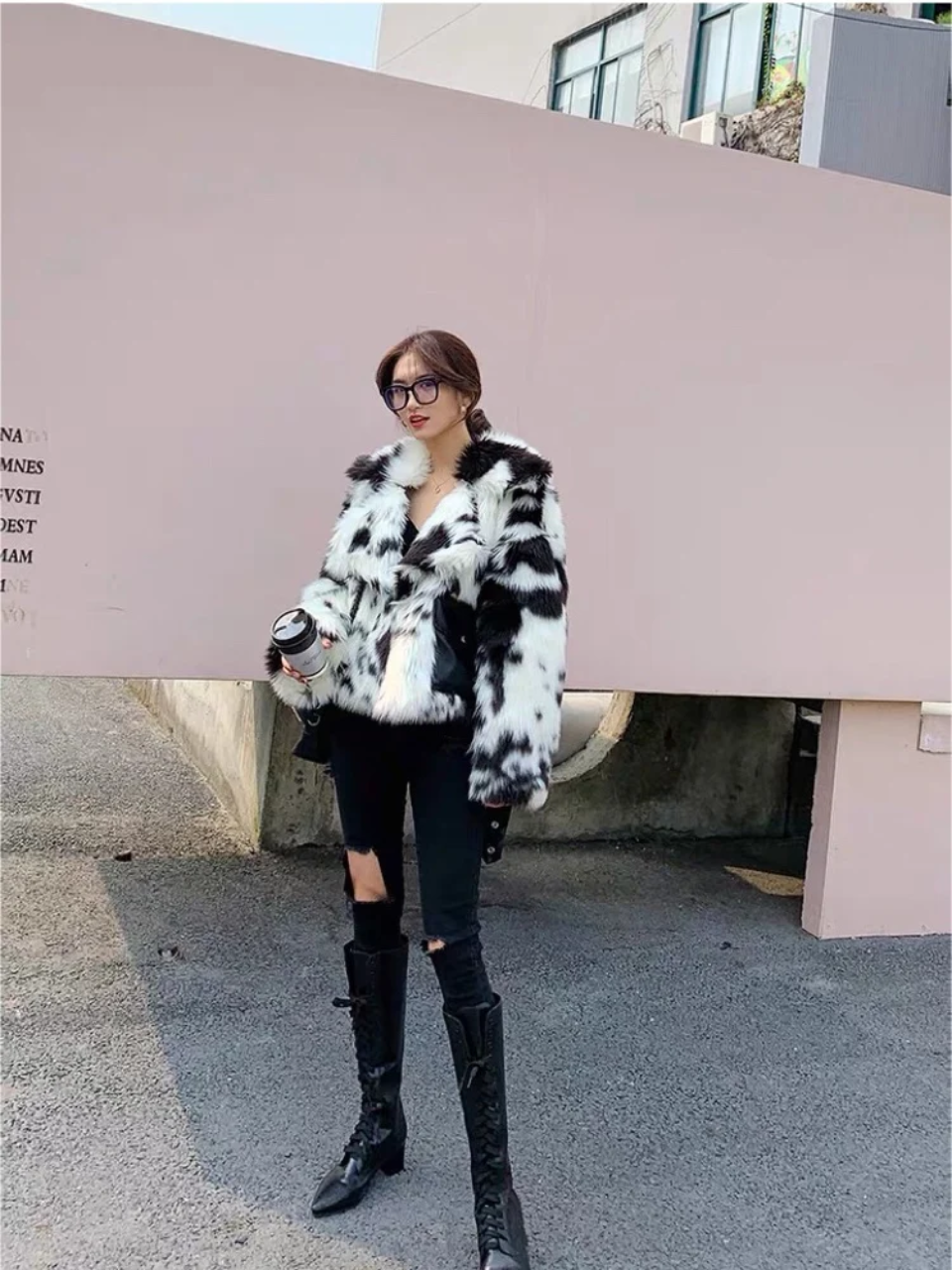 Cow Print Hip Length Faux Fur Jacket