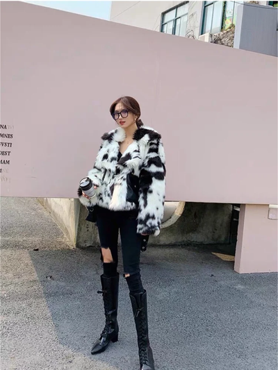 Cow Print Hip Length Faux Fur Jacket