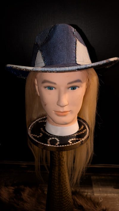 Custom Denim Print Rhinestone Western Cowboy Hat 3(Ready to Ship)
