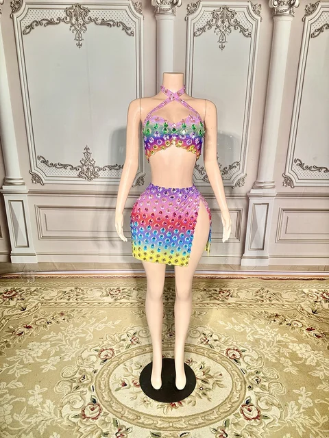 Halter Two Piece Rhinestone Multi Color Crystals Mini Skirt Dress Set