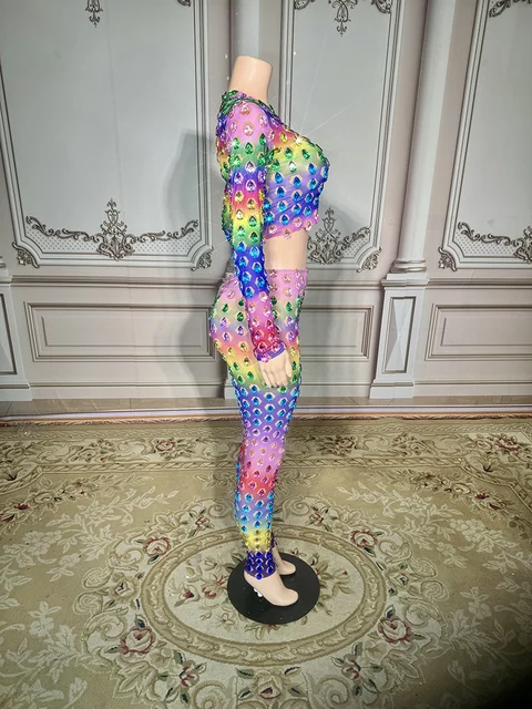 Rhinestones Crystal Multi Color Full Pant Set