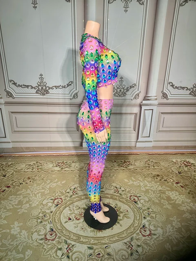 Rhinestones Crystal Multi Color Full Pant Set