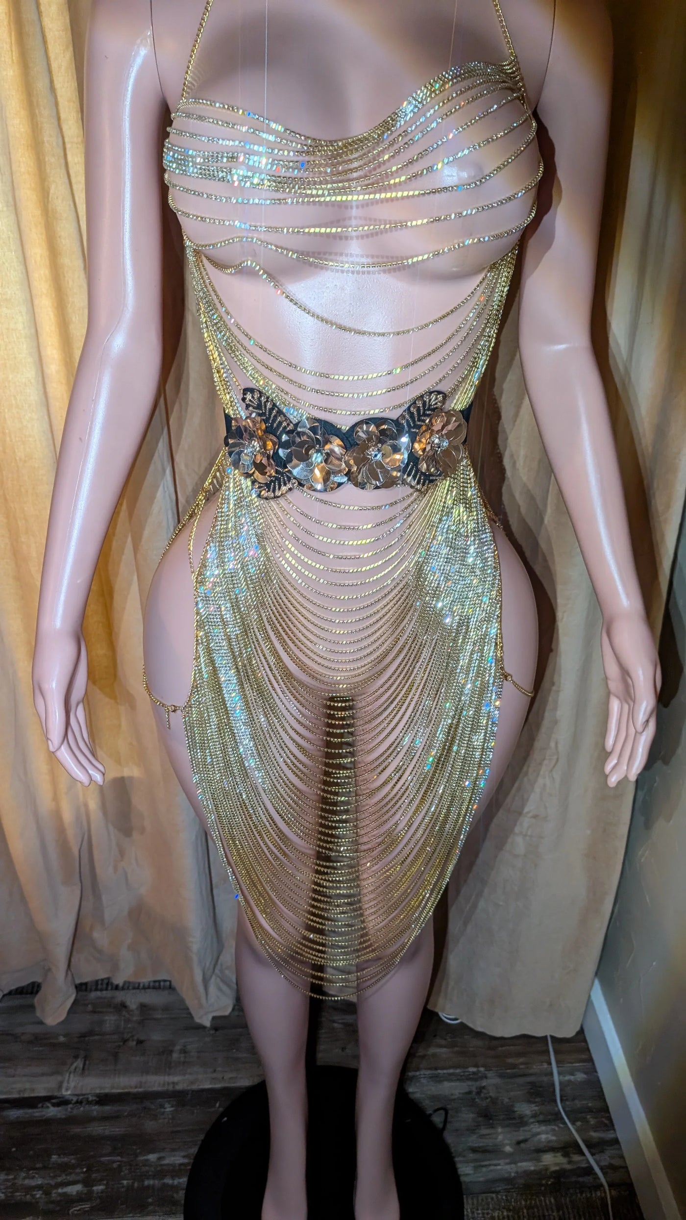 Maxi Rhinestones Dress – Plunge Chain Body Crystal Rhinestones Silver Party Dress