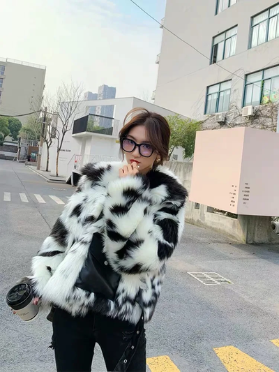 Cow Print Hip Length Faux Fur Jacket