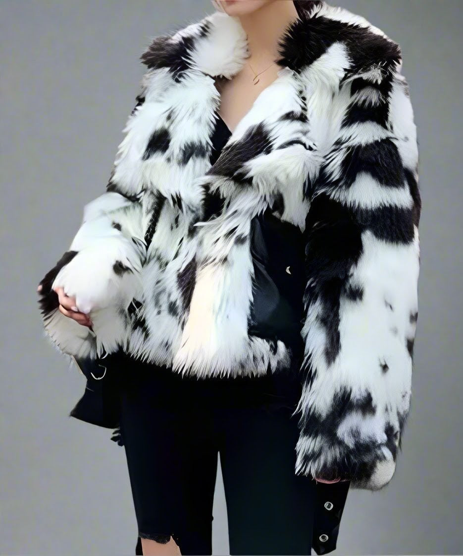 Cow Print Hip Length Faux Fur Jacket