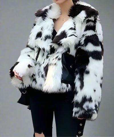Cow Print Hip Length Faux Fur Jacket