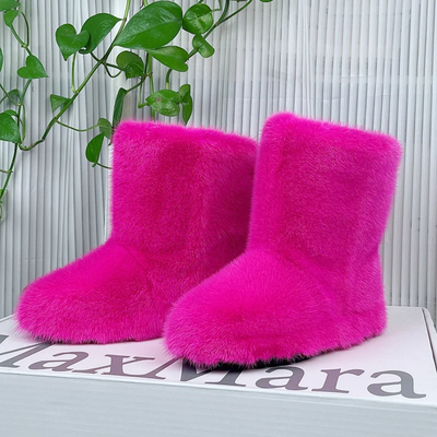 Mink Fur Winter Boots - Custom Sized Calf High Flat Winter Boots With Plush Lining