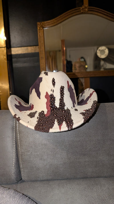 Custom Cowboy Print Pearl & Rhinestone Western Cowboy Hat (Ready to Ship)