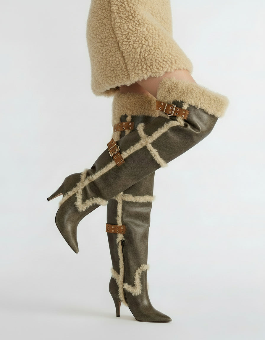 Faux or Natural Shearling Thigh High Boots - Cozy Winter Footwear With Custom Fit & Plush Lining