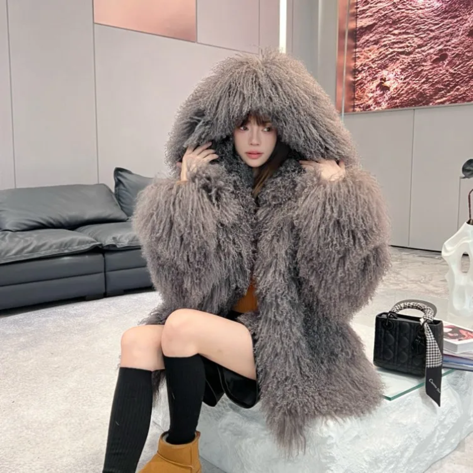 Hooded Over Sized Mongolian Sheep Lamb Fur Coat- By Prima DND