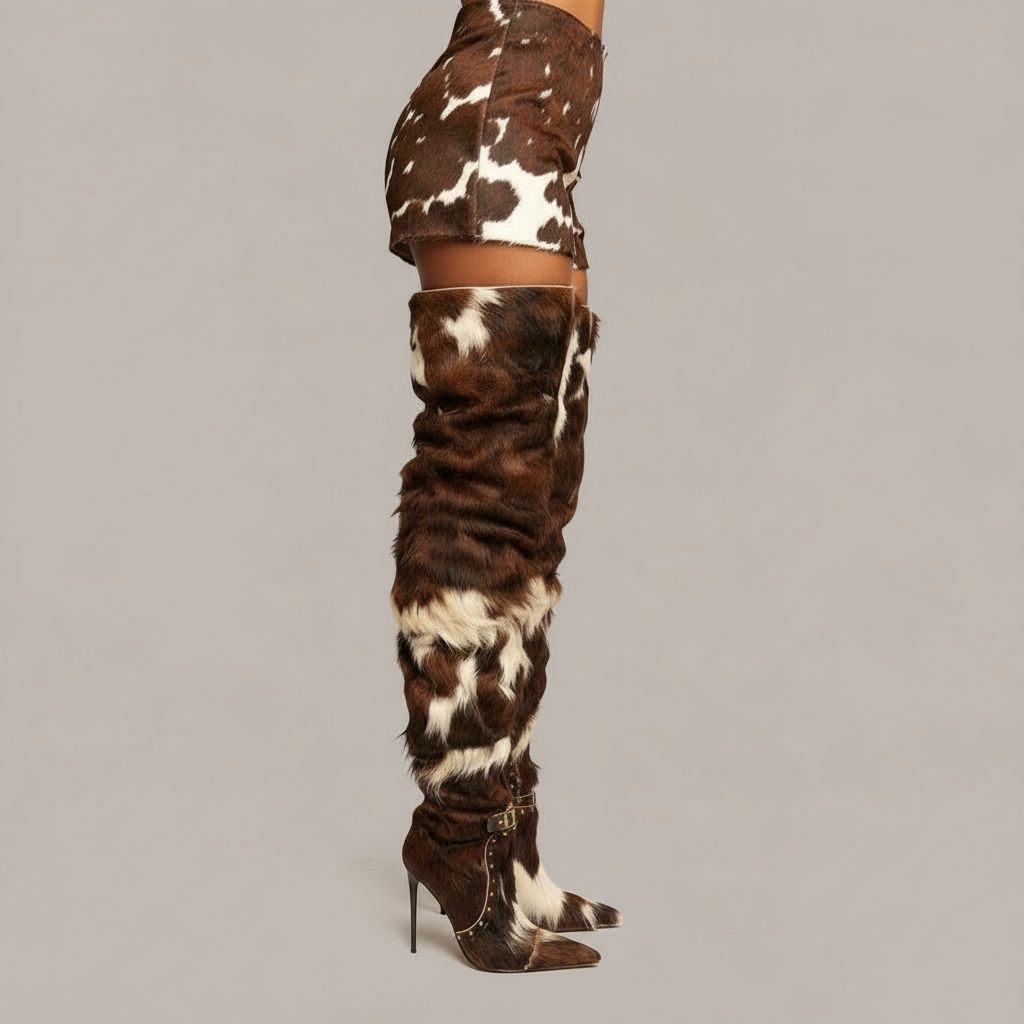 Cowboy Cowhide Natural or Faux Boots – Custom Size Thigh High Boots With Plush Winter Warmth