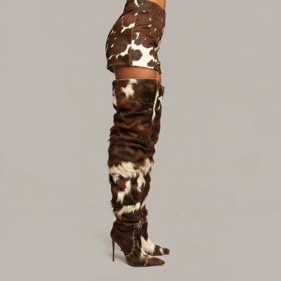 Cowboy Cowhide Natural or Faux Boots – Custom Size Thigh High Boots With Plush Winter Warmth