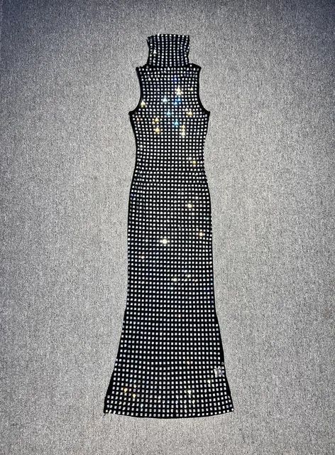 Mock Neck Maxi Rhinestone Mesh Dress