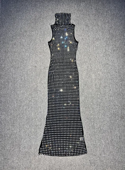 Mock Neck Maxi Rhinestone Mesh Dress