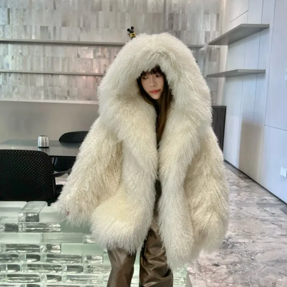 Hooded Over Sized Mongolian Sheep Lamb Fur Coat- By Prima DND