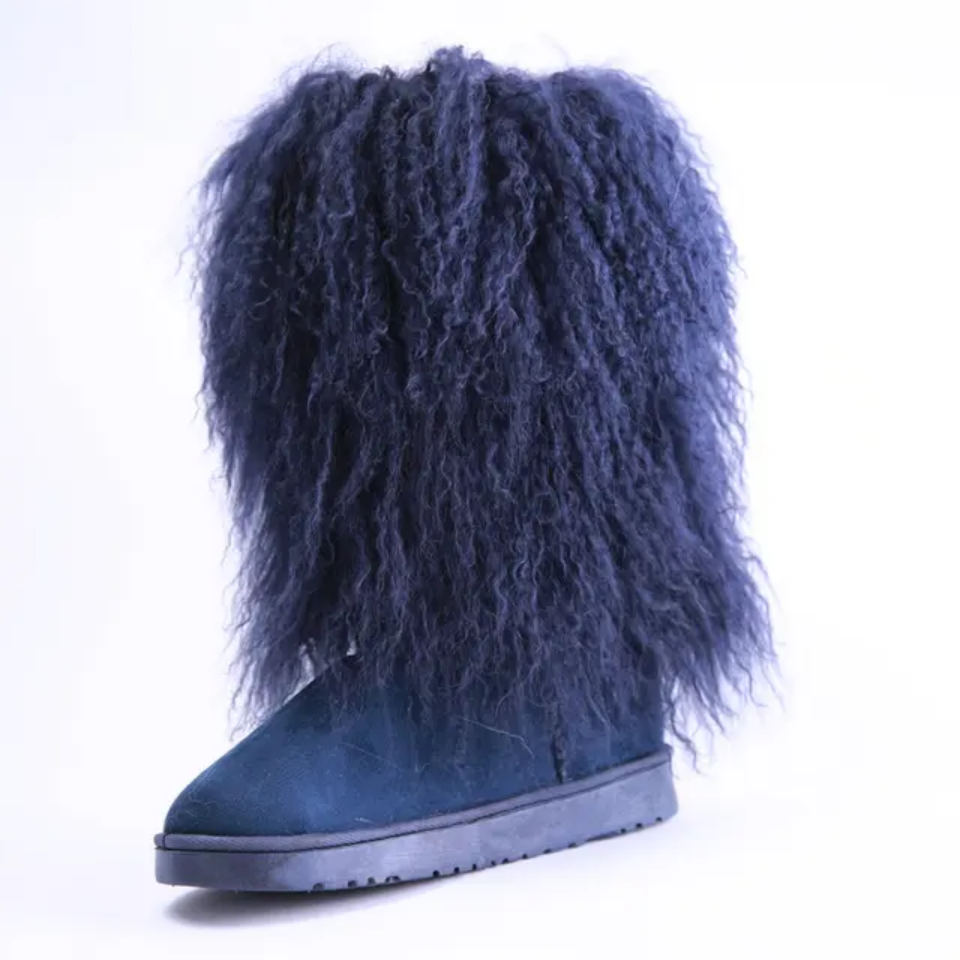 Suede Mongolian Fur Winter Boots – Custom Sized Calf High Boots With Shearling Lining