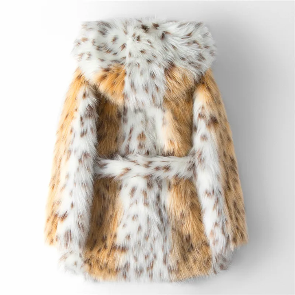 Snow Cat Print Hip Length Faux Fur Jacket