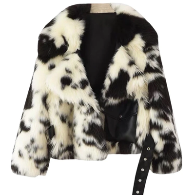 Cow Print Hip Length Faux Fur Jacket