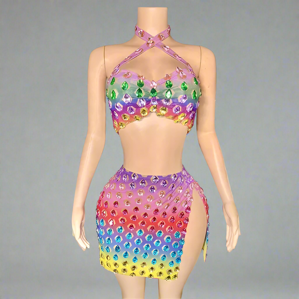 Halter Two Piece Rhinestone Multi Color Crystals Mini Skirt Dress Set