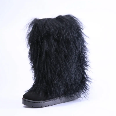 Suede Mongolian Fur Winter Boots – Custom Sized Calf High Boots With Shearling Lining