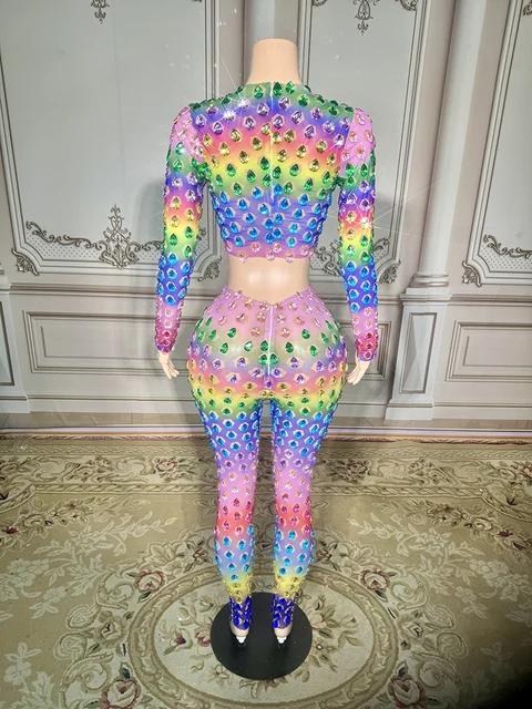 Rhinestones Crystal Multi Color Full Pant Set