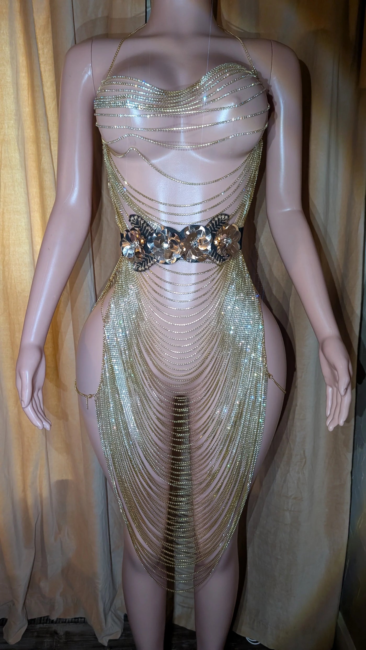 Maxi Rhinestones Dress – Plunge Chain Body Crystal Rhinestones Silver Party Dress