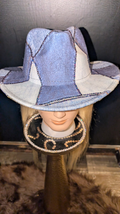 Custom Denim Print Rhinestone Western Cowboy Hat 3(Ready to Ship)