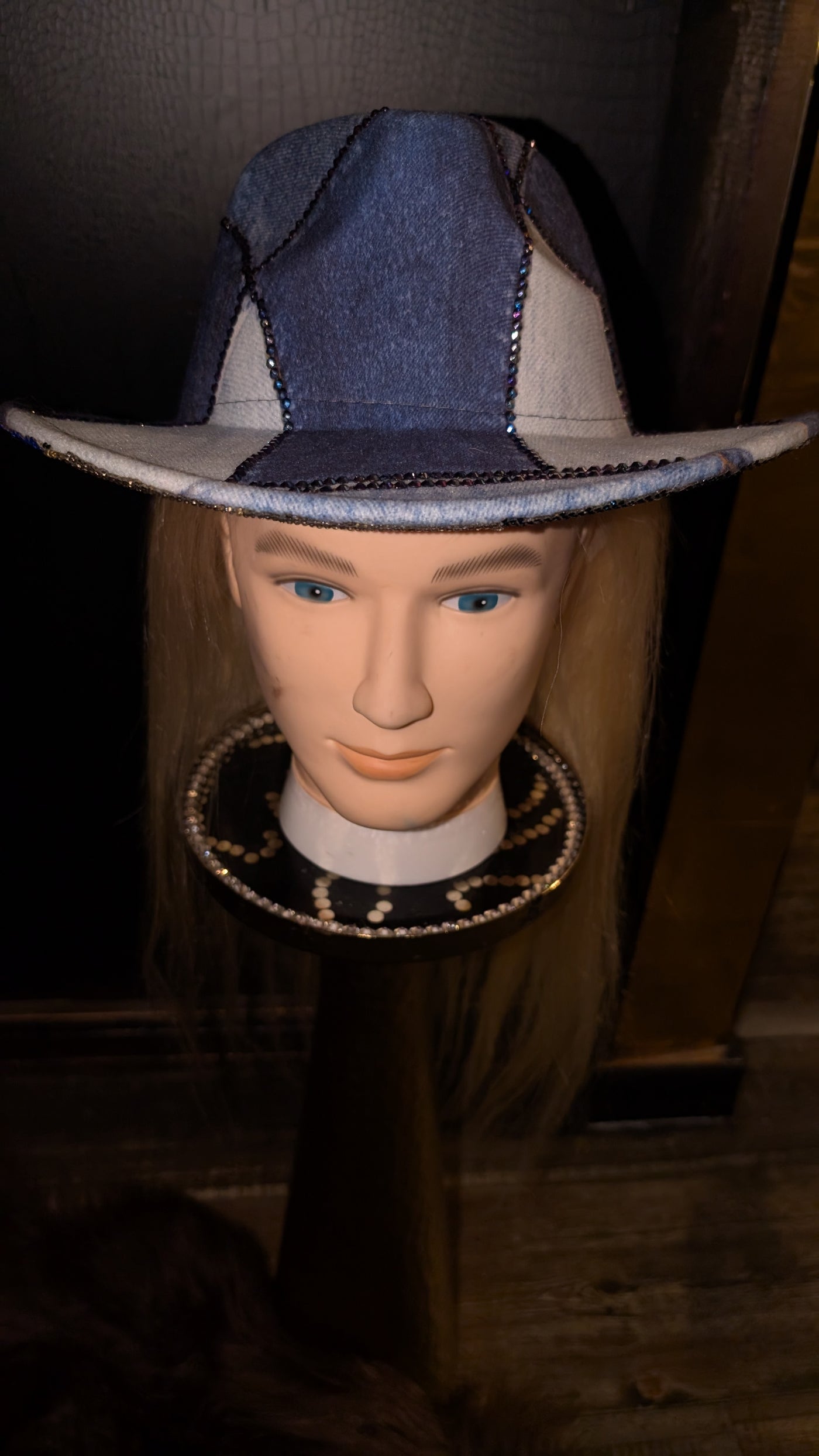 Custom Denim Print Rhinestone Western Cowboy Hat 3(Ready to Ship)