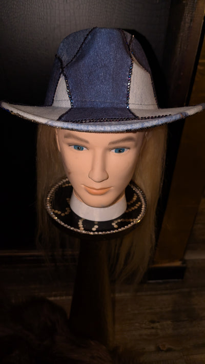 Custom Denim Print Rhinestone Western Cowboy Hat 3(Ready to Ship)