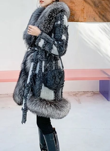 Patchwork Knee Length Faux Fur Jacket