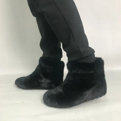 Mink Fur Winter Boots - Custom Sized Calf High Flat Winter Boots With Plush Lining