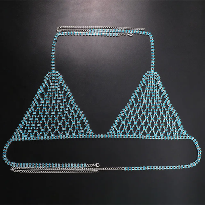 3 Piece Blue Rhinestone Chain Bra Set