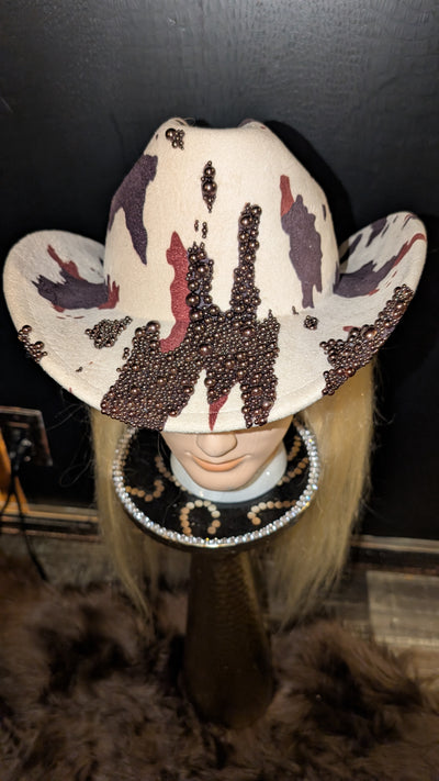 Custom Cowboy Print Pearl & Rhinestone Western Cowboy Hat (Ready to Ship)