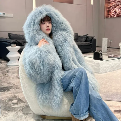 Hooded Over Sized Mongolian Sheep Lamb Fur Coat- By Prima DND