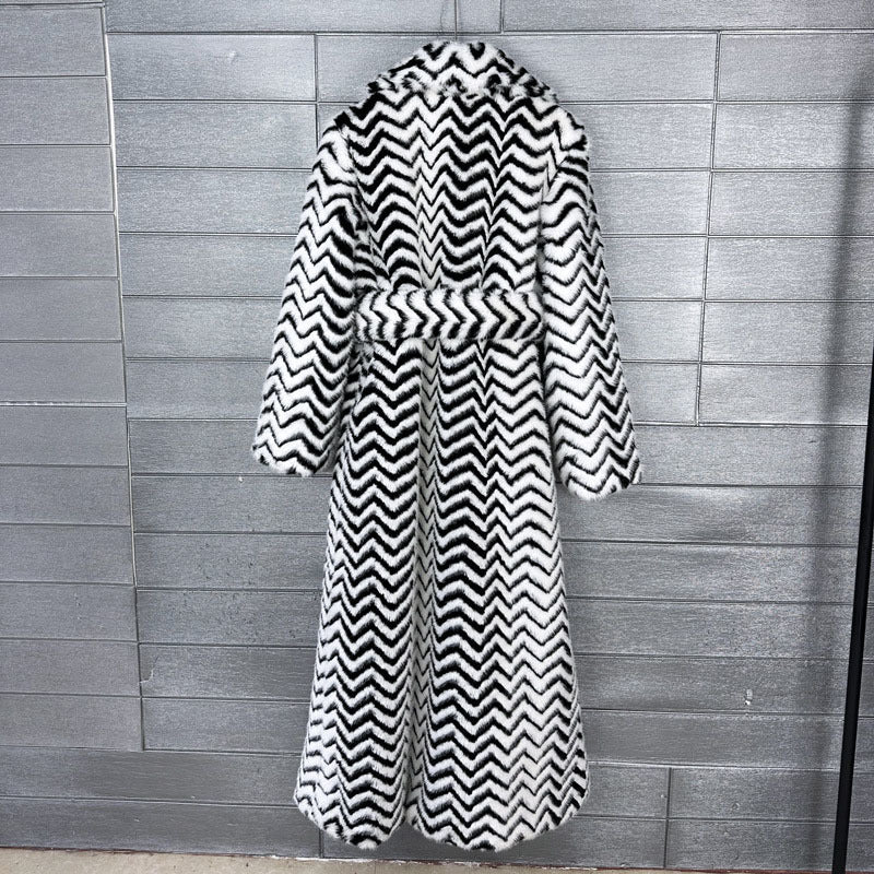 Full Length Stripped  Faux Fur Coat - By Prima DND