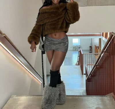 Faux Fur Off Shoulder Long Sleeve Top- Prima Dons and Donnas