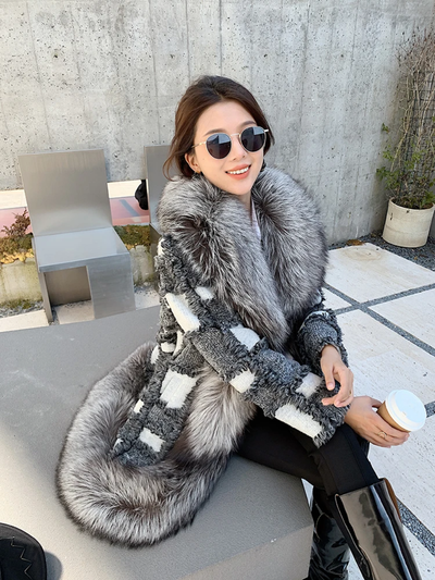 Patchwork Knee Length Faux Fur Jacket
