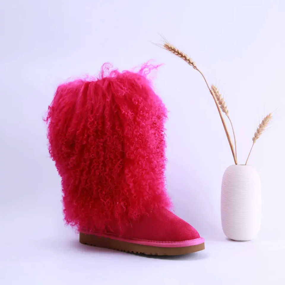 Suede Mongolian Fur Winter Boots – Custom Sized Calf High Boots With Shearling Lining