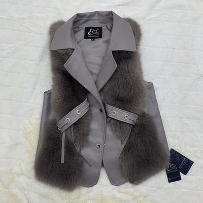 Faux Fur Vest w/Faux Leather Detail- By Prima DND
