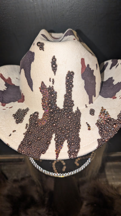 Custom Cowboy Print Pearl & Rhinestone Western Cowboy Hat (Ready to Ship)