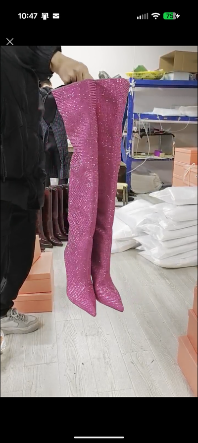 Rhinestone Stiletto Boots – Custom Calf High Heel Boots With Chunky Silver Heel