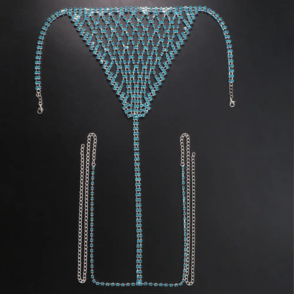 3 Piece Blue Rhinestone Chain Bra Set