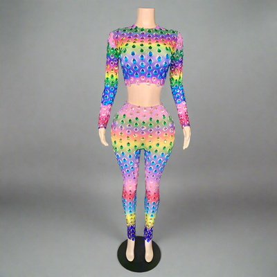 Rhinestones Crystal Multi Color Full Pant Set