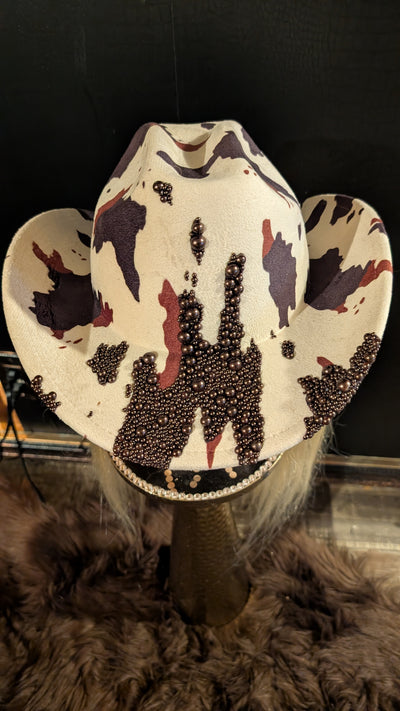 Custom Cowboy Print Pearl & Rhinestone Western Cowboy Hat (Ready to Ship)