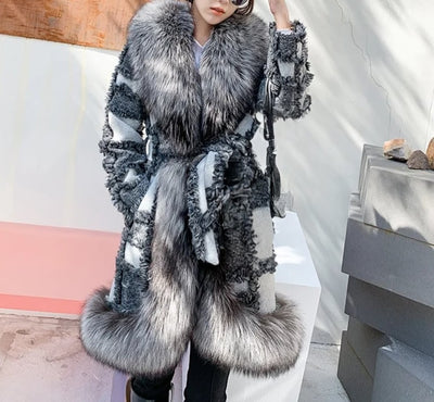 Patchwork Knee Length Faux Fur Jacket