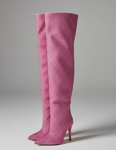 Rhinestone Stiletto Boots – Custom Calf High Heel Boots With Chunky Silver Heel