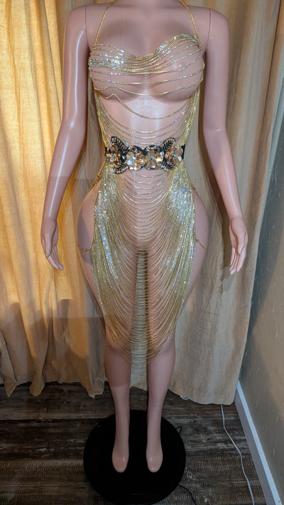 Maxi Rhinestones Dress – Plunge Chain Body Crystal Rhinestones Silver Party Dress