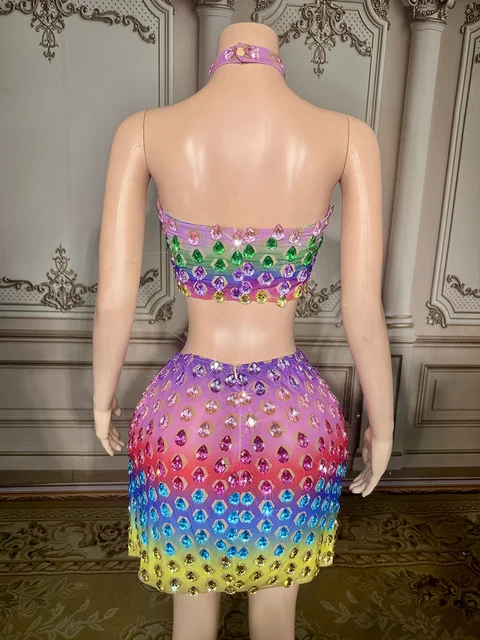 Halter Two Piece Rhinestone Multi Color Crystals Mini Skirt Dress Set