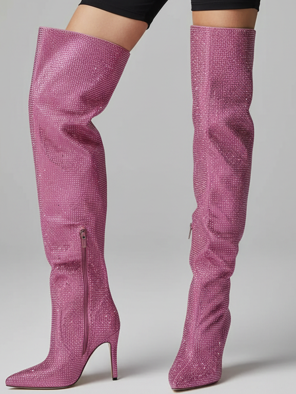 Rhinestone Stiletto Boots – Custom Calf High Heel Boots With Chunky Silver Heel