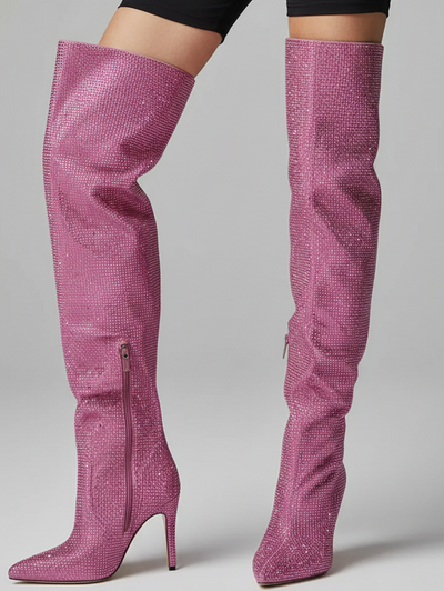 Rhinestone Stiletto Boots – Custom Calf High Heel Boots With Chunky Silver Heel